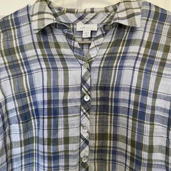 J. Jill Love Linen Blue and Green Plaid Linen Shirt with Pockets | Petite Small - Picture 4 of 12